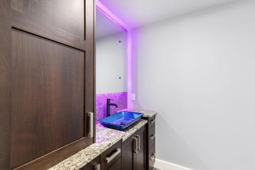 The lower level, wheelchair accessible jack and jill bathroom features a zero edge shower and granite countertops.
