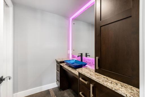 The lower level, wheelchair accessible jack and jill bathroom features a zero edge shower and granite countertops.