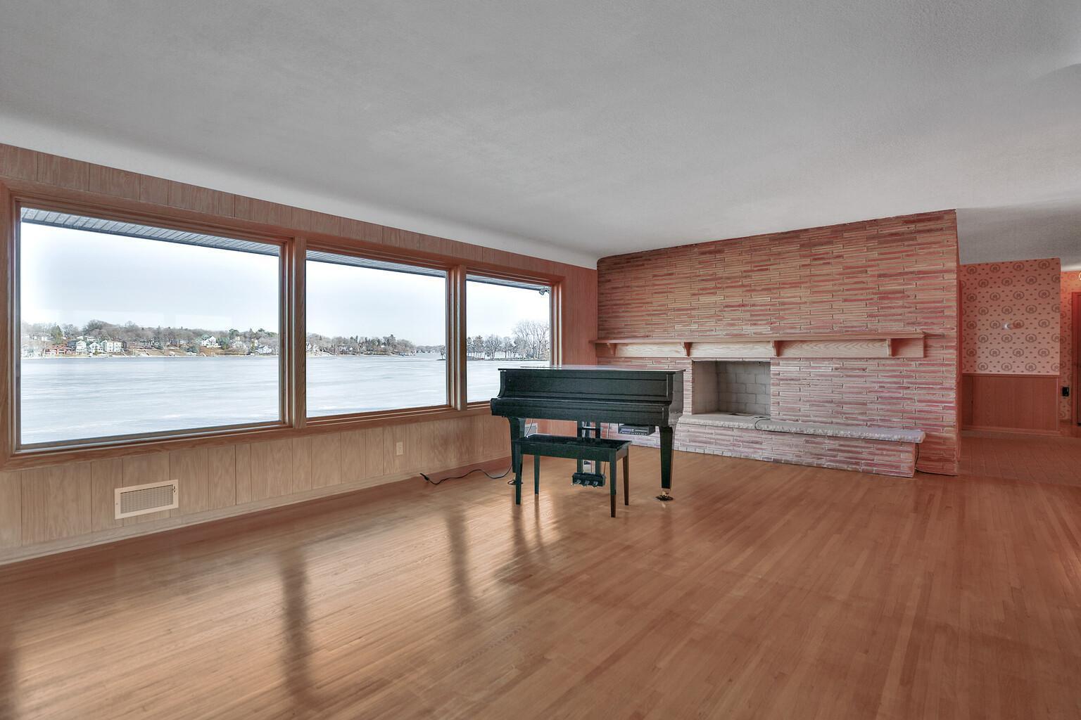 Stone accent wall in living room.