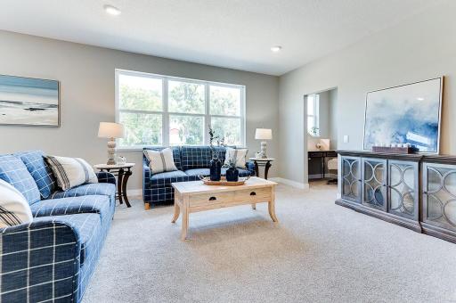 Windows flood your main level family room in natural light - overlooking an irrigated & sodded backyard & enlightening a space large enough to accommodate just about any furniture combination! Photo of model home, color & options will vary.