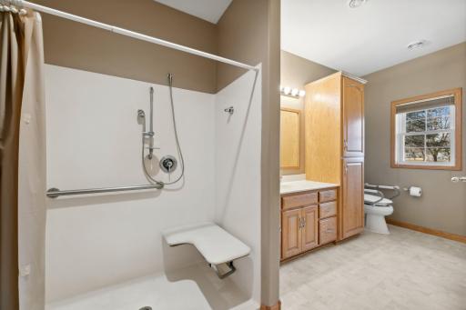 Primary bathroom with walk in shower, cabinet for ample storage