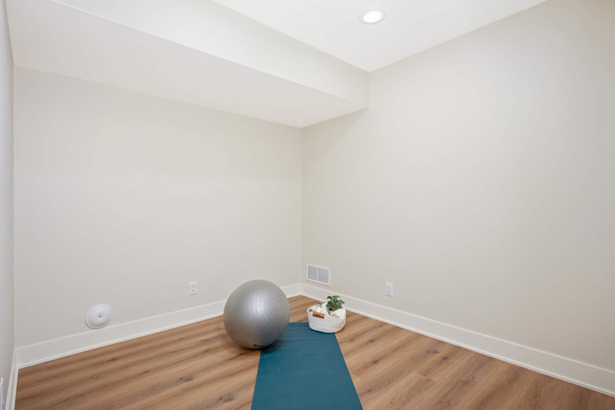 Lower level workout room perfect for a peloton bike