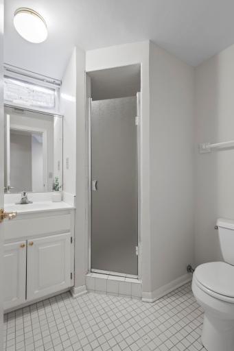 The downstairs bathroom has natural light and an oversized shower.