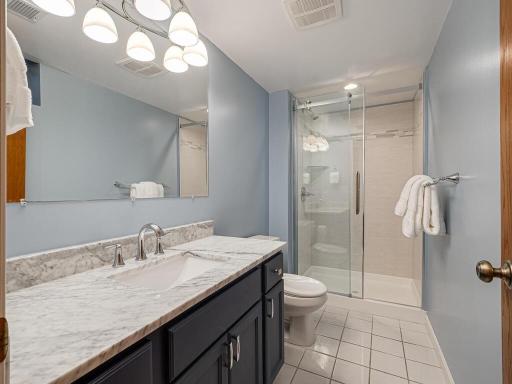 Spacious basement bath with step-in shower. All bathrooms have been remodeled.