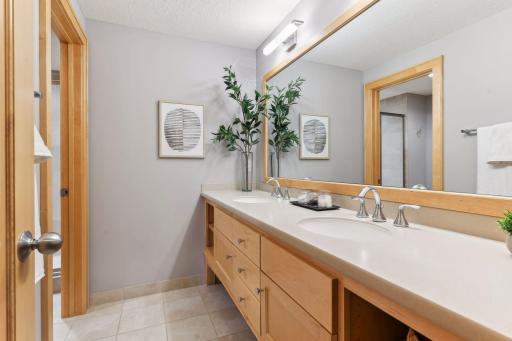 Lower level 3/4 Bathroom with dual sinks.