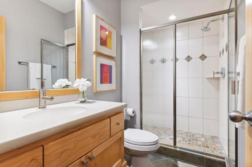 Lower Level 3/4 bathroom that connects to the tile entry leading to the pool and exercise room.