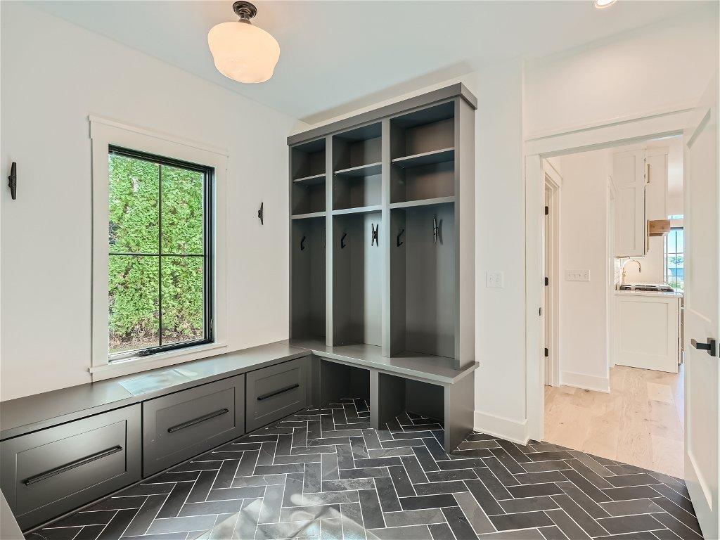 Gorgeous herringbone slate in the mudroom