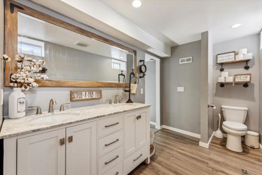 Newly remodeled lower-level bathroom with new vanity, luxury vinyl floors, double shower head, one being a rain shower head, and large niche.