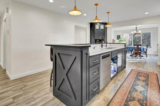 Extra large island with honed granite counters