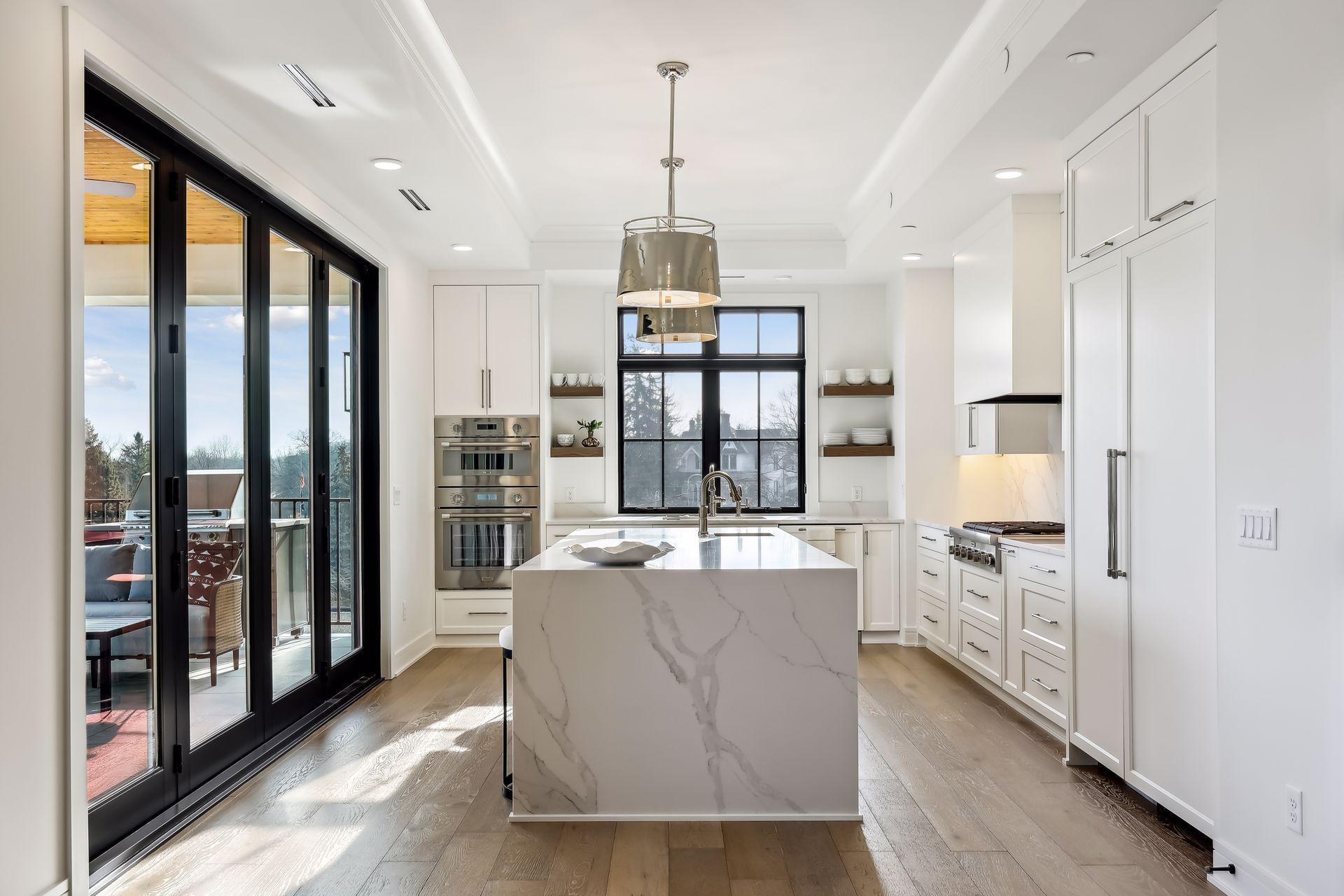 Custom cabinets throughout the kitchen provide for additional storage space