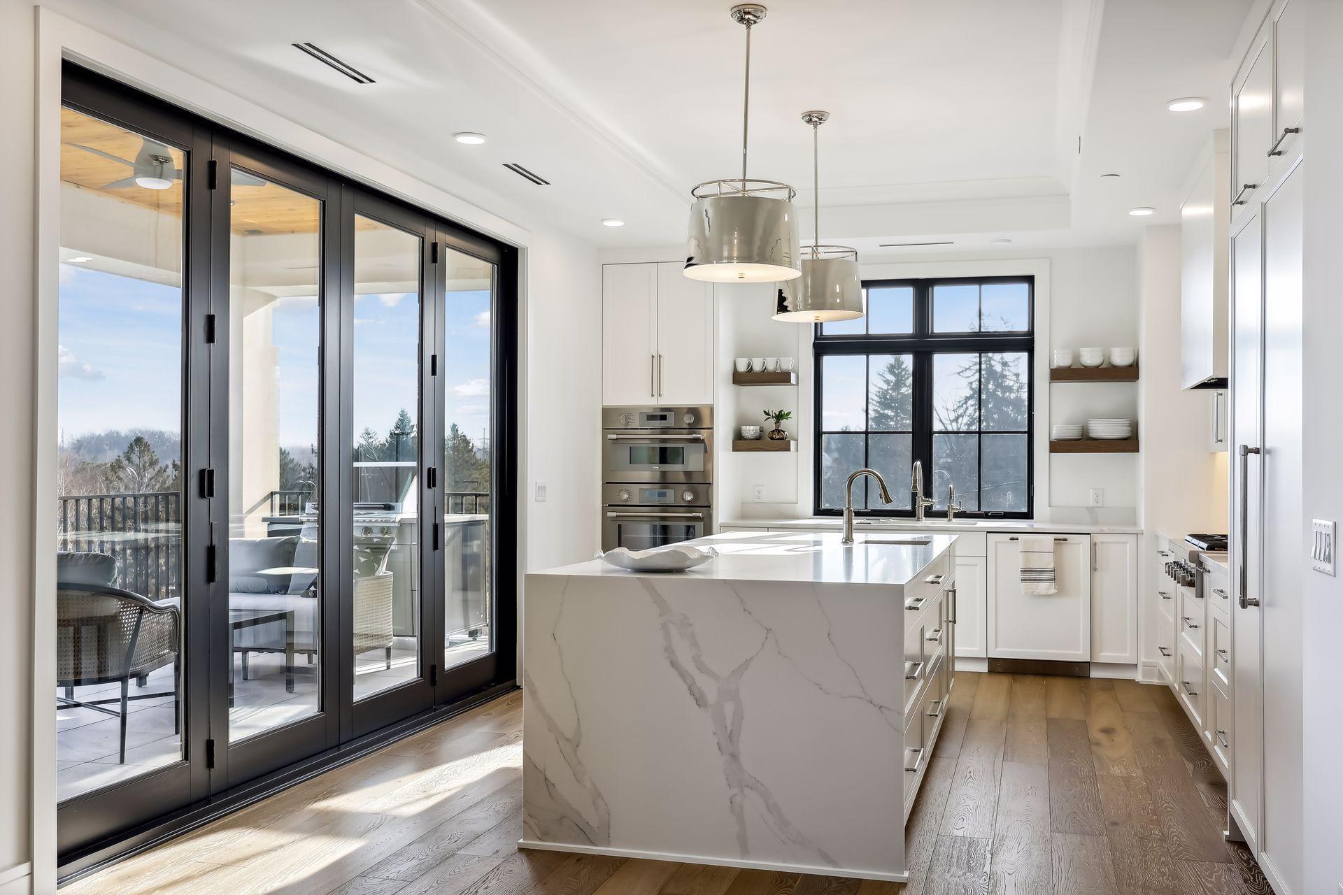 On trend waterfall design featured on the large center island