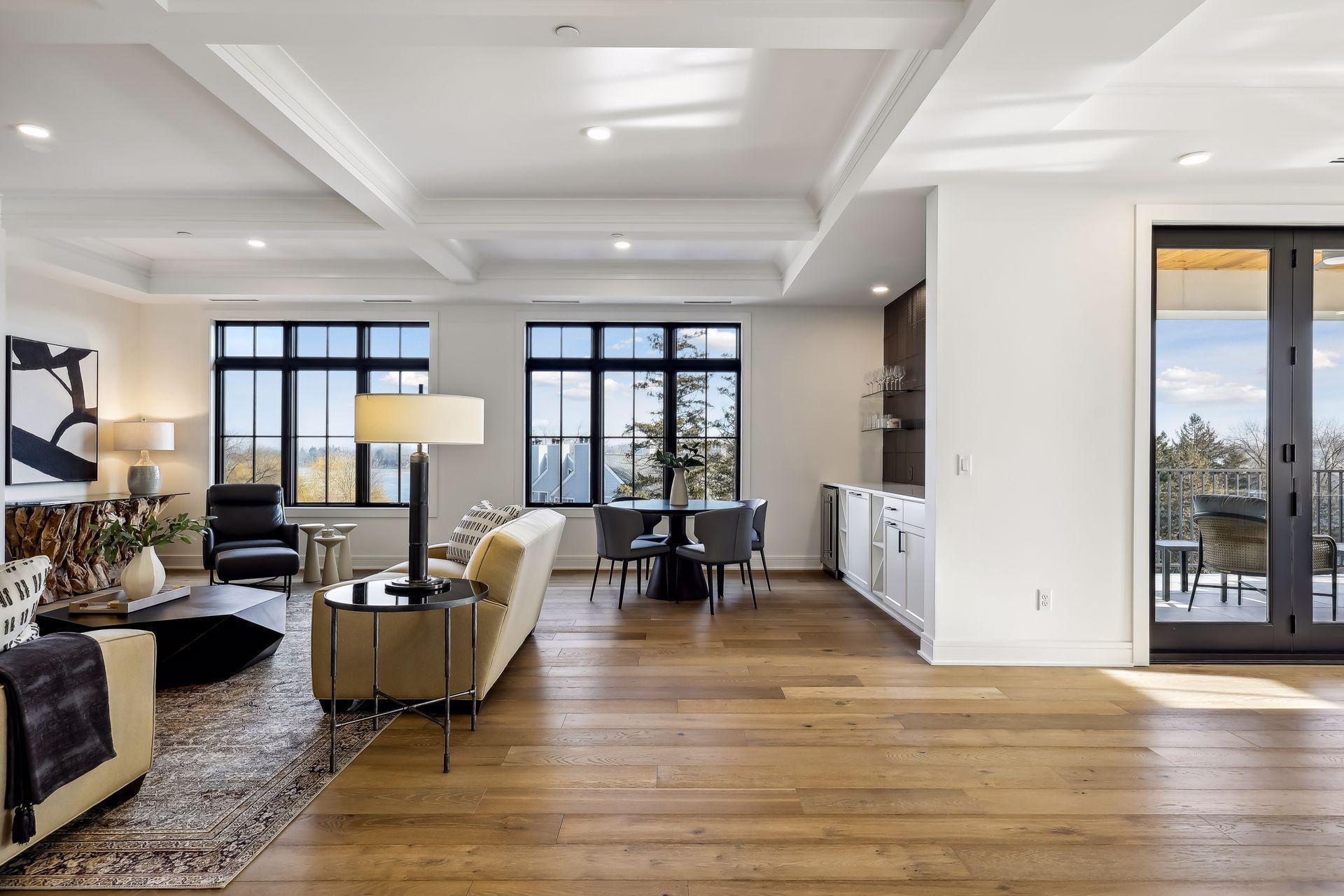 Great attention to architectural detail throughout this unit, including coffered ceilings in the living room