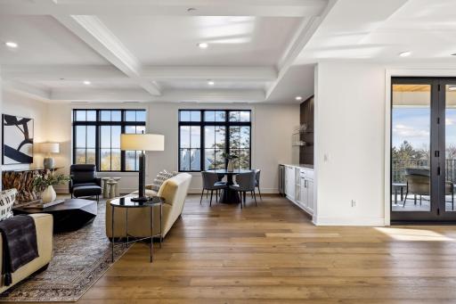 Great attention to architectural detail throughout this unit, including coffered ceilings in the living room