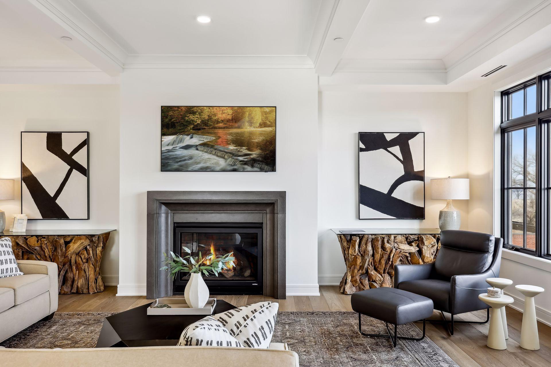A handsome gas fireplace anchors one end of the living room