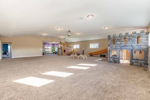 Upper level play area complete with zip line, disco ball, reading nook, slide down to the main level, and custom castle. This space may be converted by buyers to create more rooms if interested.