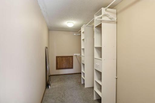 Large lower primary bedroom walk-in closet. Access panel to large crawl space storage area with concrete floor.
