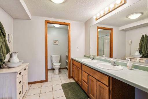Large lower primary bath with separated shower and toilet area and double vanity.
