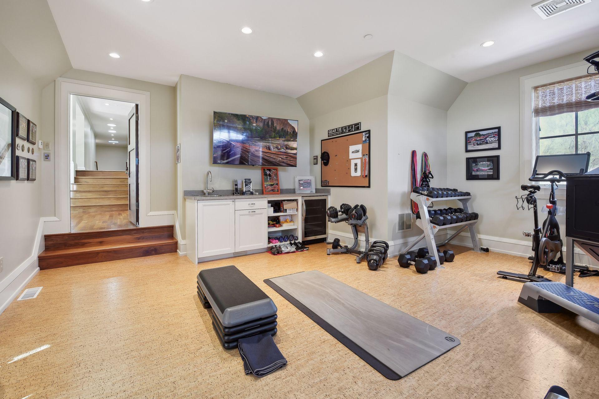 Gym with sink/bev area