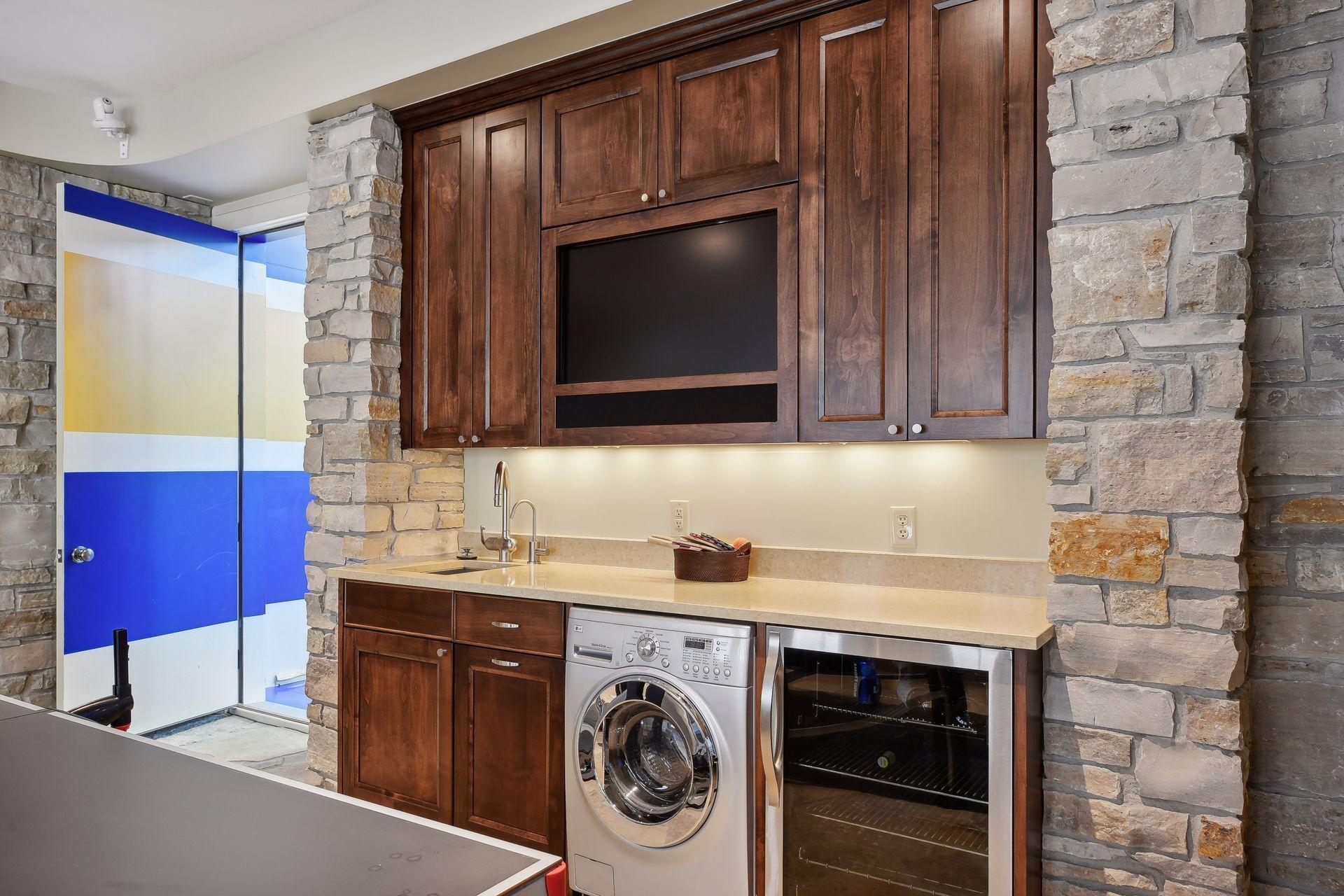 Washer for lap pool & sauna with tv beverage to watch game