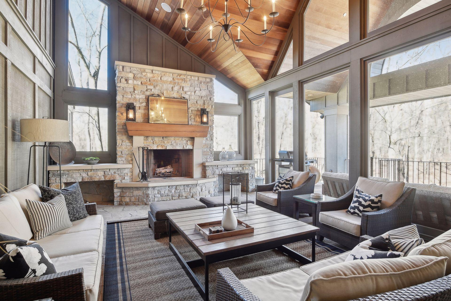 Porch with stunning fireplace