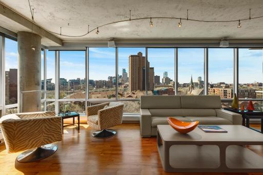 Incredible skyline views enjoyed day and night in this equisite condo in Minneapolis' Old Town neighborhood.