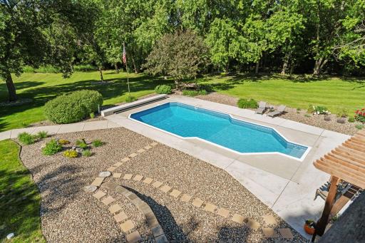 Beautiful landscape by the pool w/ rock & mulch gardens
