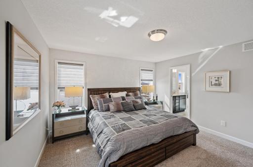 Find your retreat in this stunning primary bedroom. Enjoy the exclusivity of a private bath and huge walk-in closet. (Photo of a decorated model, actual homes finishes will vary)