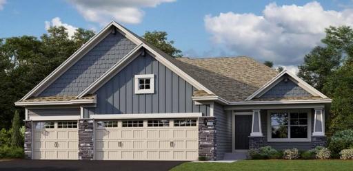 A stunning display from the street, introducing our popular Foster plan. This home comes complete with irrigation, landscaping, trees and a full yard of sod! (Exterior rendering, actual homes finishes will vary)