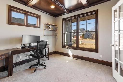 Main floor office with coffer wood cielings