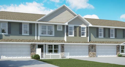 A stunning display from the street, introducing our popular Revere plan. This home comes complete with irrigation, landscaping, trees and a full yard of sod! (Exterior rendering, actual home's finishes may vary slightly)