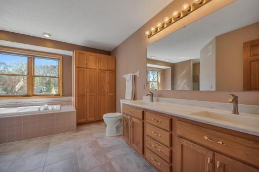 Dual vanity, a plethora of storage, soaking tub, and private shower.