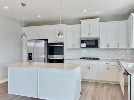 Expansive, timeless, white kitchen with refrigerator, double ovens, gas cooktop, microwave vented to outside, and soft close doors and drawers.