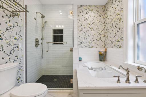 Renovated bath is your relaxing oasis with soaking tub and heated floors!