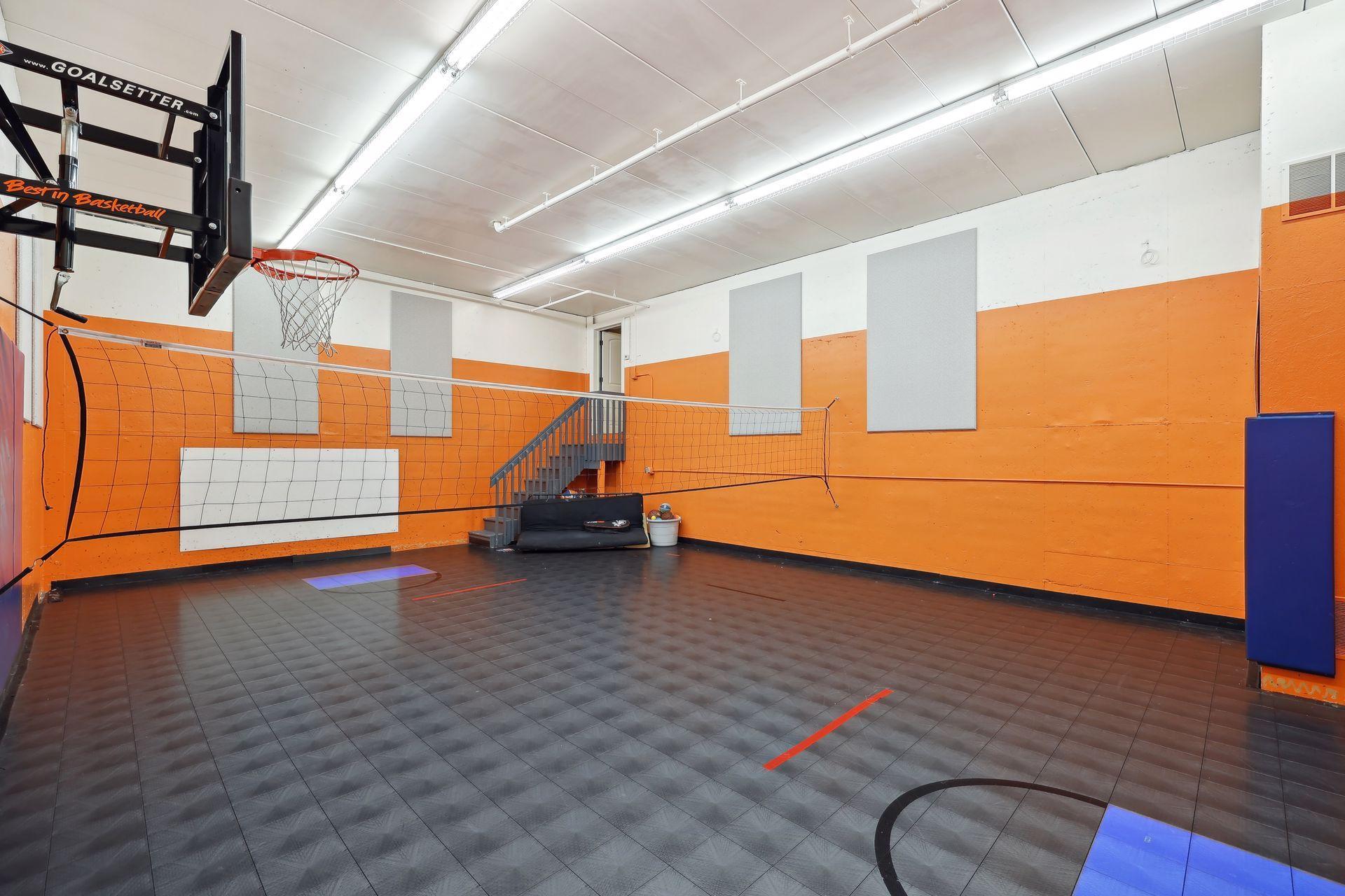 Indoor sport court off lower level