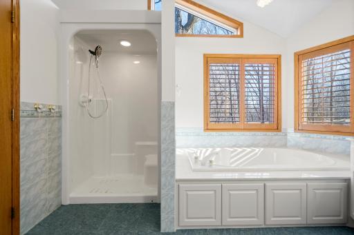 View of Shower & Jetted Soaking Tub In Primary Bathroom