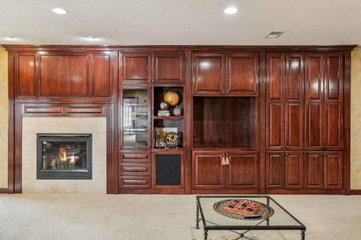 Custom built-ins with gas fireplace in lower level family room.