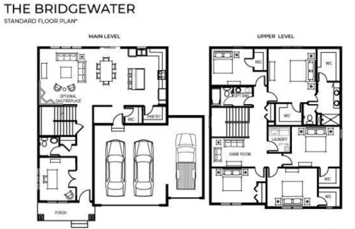 The Bridgewater layout. The actual home is a mirrored image of this / garage on the left, porch on the right.