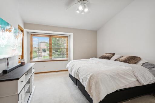 A spacious primary bedroom with walk in closet and walk through bathroom.