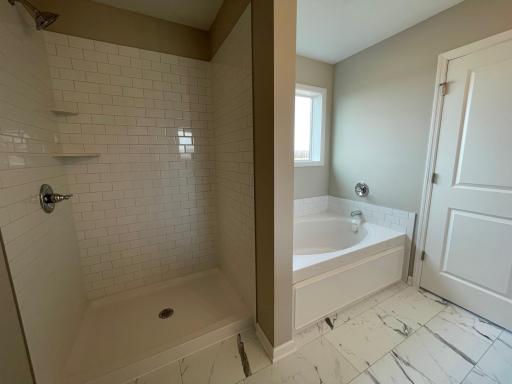 Deluxe primary bath offers a soaking tub plus a separate shower.
