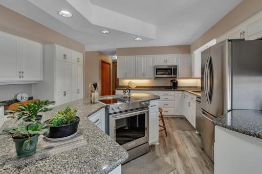 An exquisite kitchen recently renovated, complete with quartz tops, stainless steel appliances & new flooring