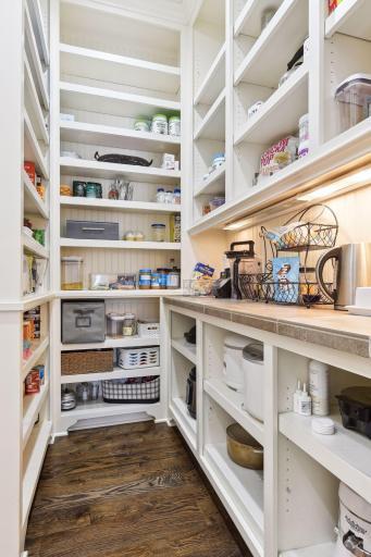 Large walk-in pantry with floor to ceiling built-ins just off the kitchen.