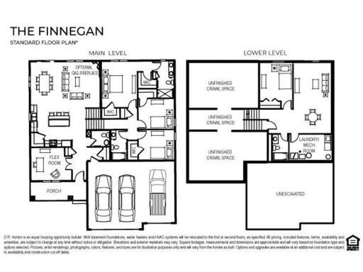 The Finnegan plan featuring 4 bedrooms, 4 bathrooms, a main floor flex room and a finished lower level with family room, bedroom and bath.