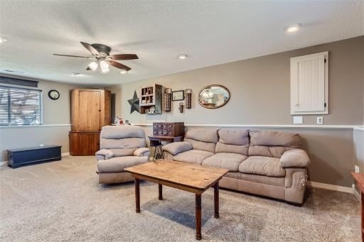 Spacious lower level family room with rough-in fireplace.