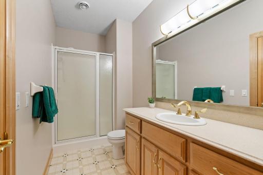 Lower level shared three-quarter bathroom with two separate accesses.