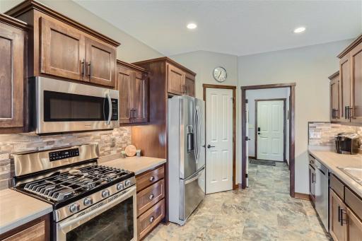 Under-cabinet lighting casts a warm glow on this space.