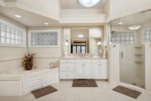 Main floor primary bath with separate shower and tub.