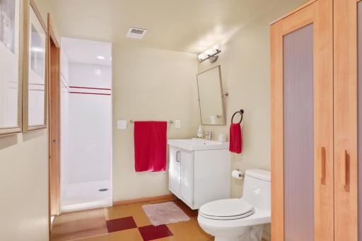 Lower level 3/4 bath connects to the gym and bedroom.