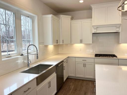 Designer PLUS gourmet kitchen stainless steel farmhouse sink and quartz countertops.