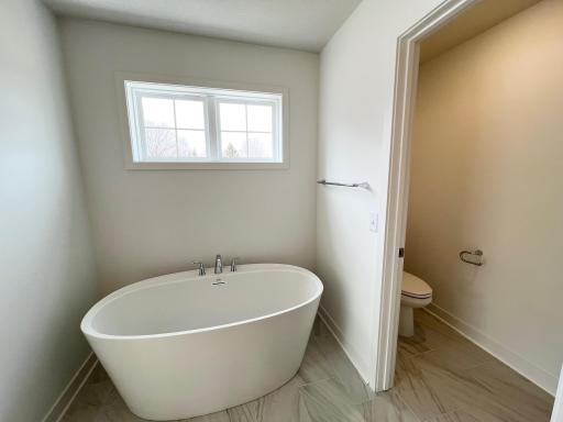 Primary suite bathroom with free standing bathtub.