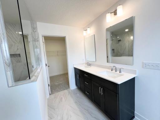 Primary suite bathroom double vanity and walk in closet.